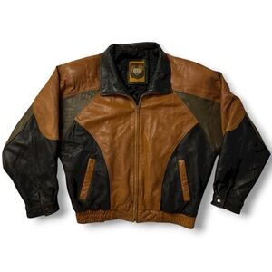 Vintage I.O.U. Genuine Leather Colorblock Bomber Jacket Brown Black Olive XL